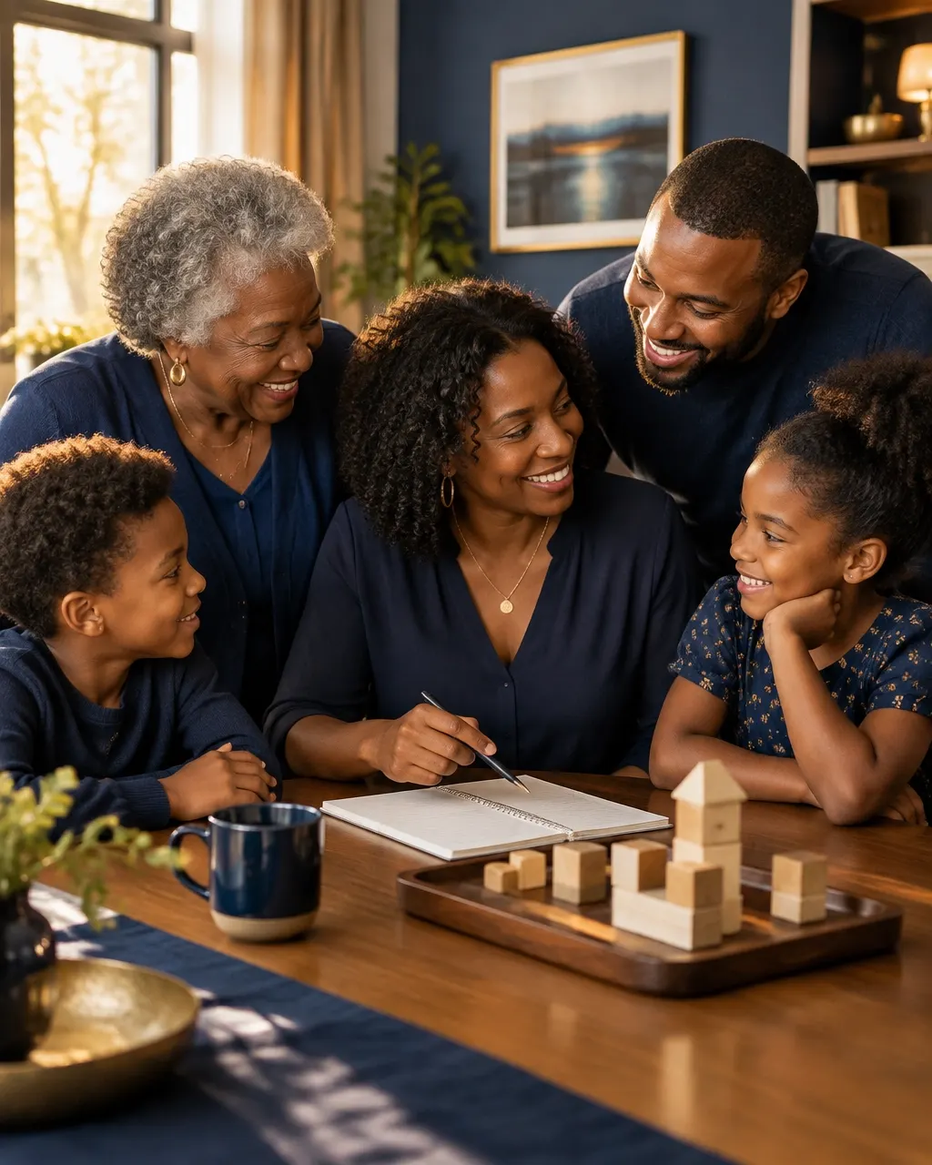 A multigenerational family planning their future together at home